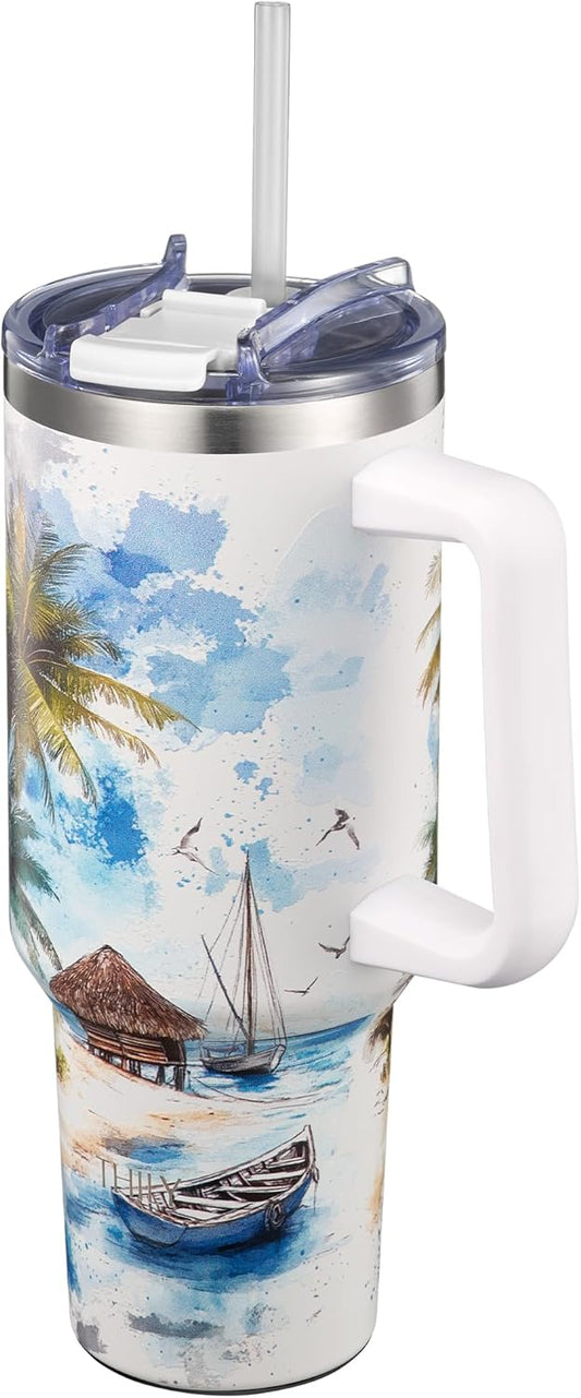 THILY 40 oz Stainless Steel Tumbler with Handle - Vacuum Insulated Travel Cup, Splash-Proof & Leakproof Lid, 2 Straws & Brush | Keeps Cold 34H/Hot 12H, Cupholder Friendly, Coastal Breeze