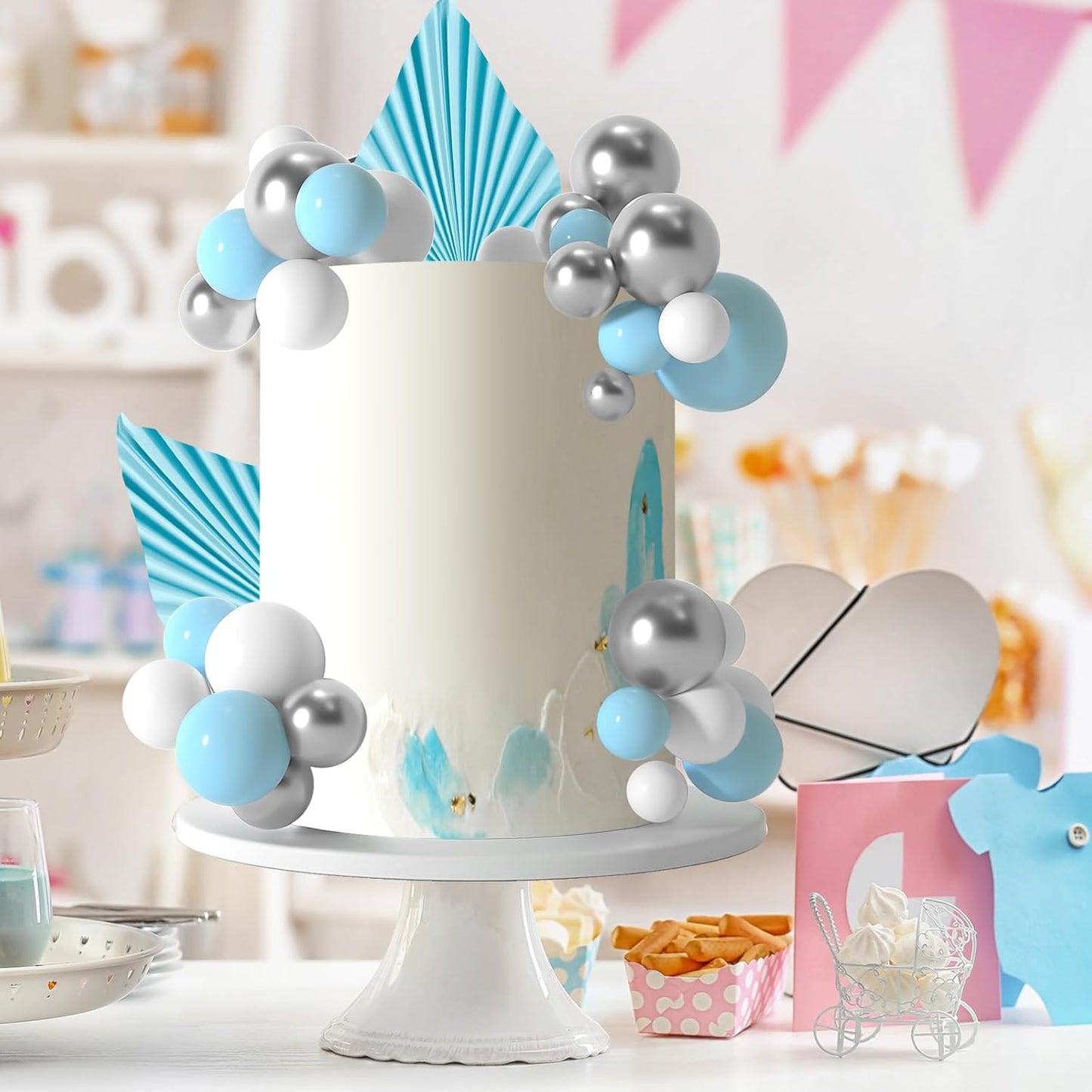 NEBURORA 64 Pcs Balls Cake Toppers and Leaves Decoration Set Mini Balloons for Cake Decorating Supplies Balls Cake decorations for Baby Shower Cake Toppers Birthday Cake Decorations(Blue Silver)