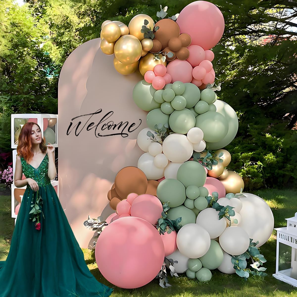 Pink Green Brown White Balloon Garland Arch Kit, 166Pcs Blush Pink Pastel Green White Sand Tan Brown Boho Balloons for Baby Shower Birthday Wedding Safari Jungle Woodland Party Decorations
