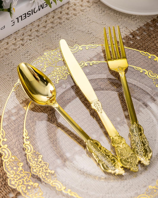 Goodluck 350 Piece Clear Gold Plastic Dinnerware Set for 50 Guests, Fancy Disposable Plates, Include: 100 Gold Rim Plastic Plates, 150 Silverwares, 50 Pre Rolled Napkins, 50 Cups for Party, Wedding