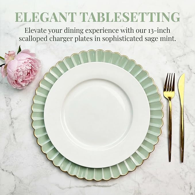 Light Green Charger Plates, 13 Inch Plastic Round Dinner Charger Plates for Wedding Party, Tabletop Decor. (Set of 6)