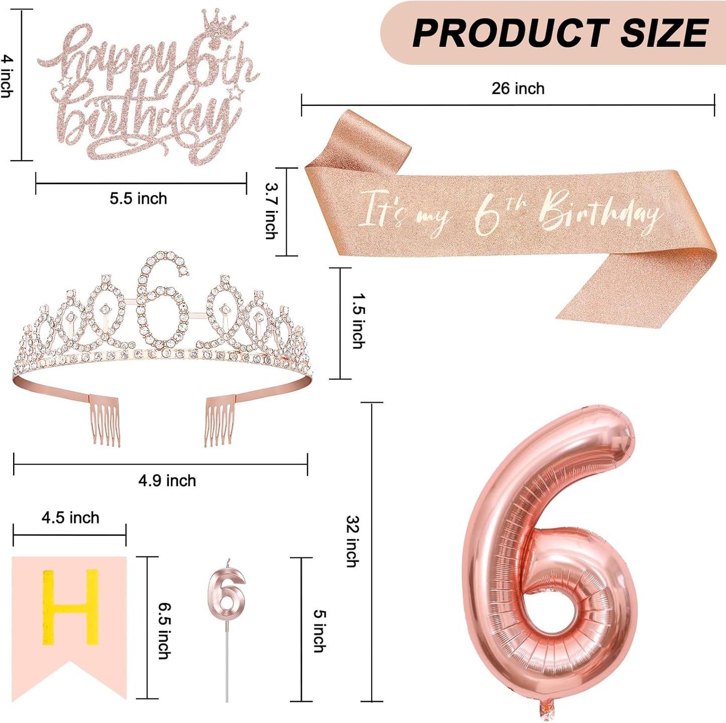 6th Birthday Decorations for Girls, Including 6th Tiara and Sash, Happy Birthday Banner, Cake Toppers, Number Candles and Balloons Set, Rose Gold