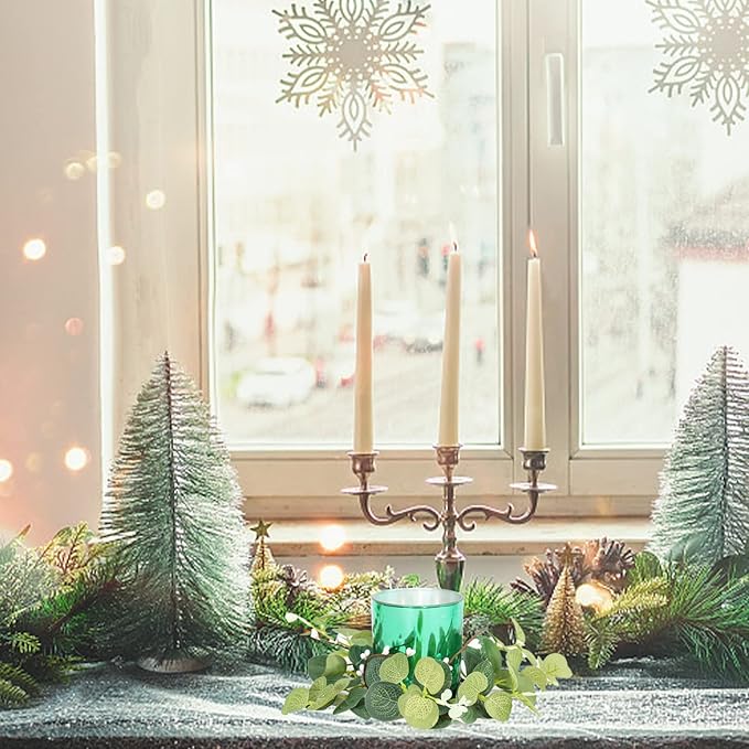 4 Pieces Pillar Candle Rings Wreaths, Artificial Eucalyptus Leaves Wreaths Greenery Candleholders, Rustic Farmhouse Decorative Wreath for Easter Christmas Wedding Party Home Table Door