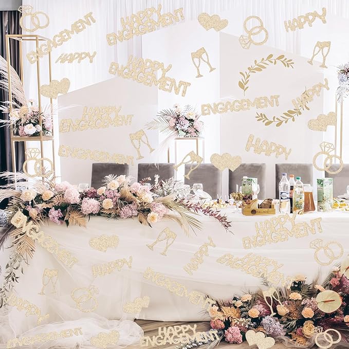 Champagne Gold Happy Engagement Confetti, Glitter Diamond Ring Table Confetti, Engaged Weeding Bachelorette Bridal Shower Party Decorations (100pcs)