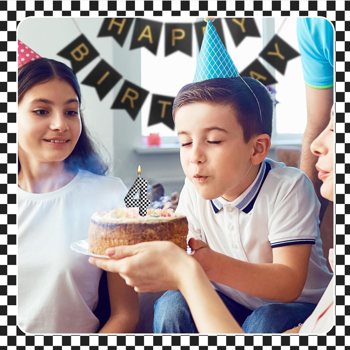 Racing Cars Themed Birthday Candle Number 4 Checkered Candle Birthday Party Decoration Cake Topper for Racing Car Party Decoration Theme Party Supplies (Number 4)