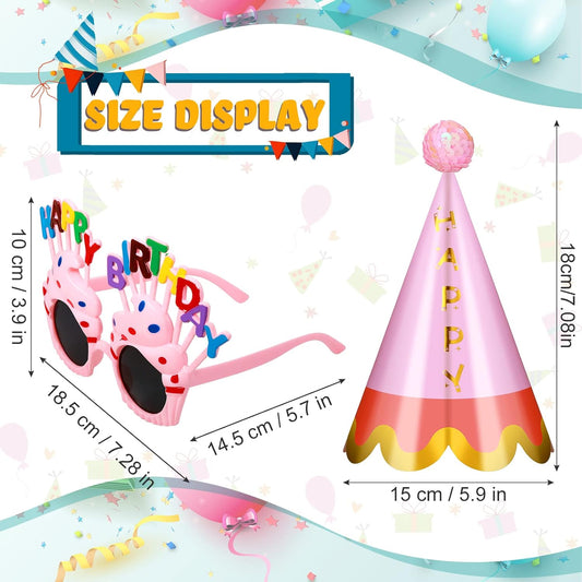 16 Pcs Birthday Party Hats Party Cone Hat with Pom Poms Birthday Glasses Photo Booth Props for Kids Adults (Glitter Style)