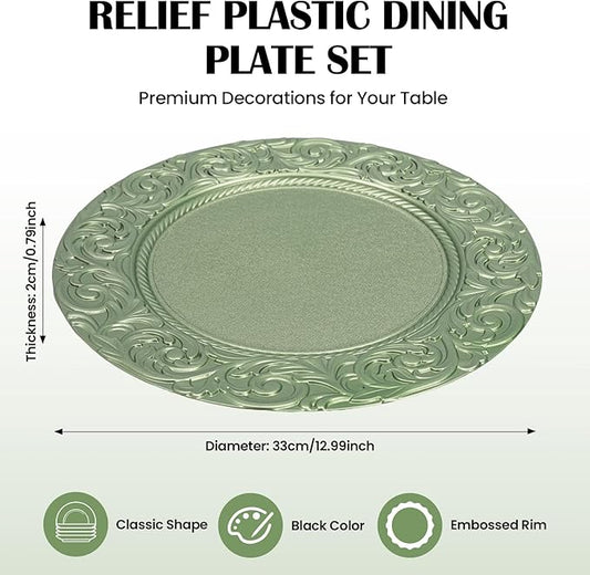 100 Pcs Green Round Charger Plates Bulk, 13 Inch Antique Charger Plate Set Plastic Embossed Dinner Plate for Wedding, Antique Chargers Plates Bulk for Dinner Tabletop Setting Decor (Green)