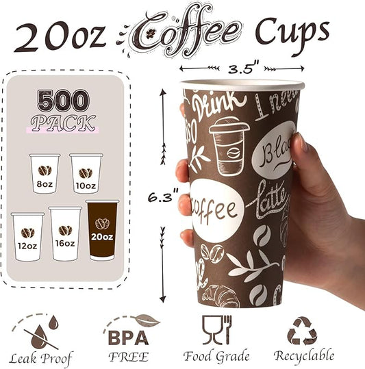Fit Meal Prep 20 oz Coffee Cups 500 Count, Leak-Proof Hot Cup, Disposable Paper Coffee Cup Bulk for Hot/Cold Beverage, Durable Thickened Paper Cups for Party, Office, Bussines, Home, Bistros
