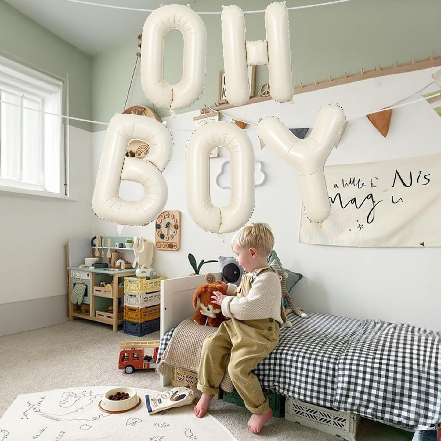 Large Beige Oh Boy Balloons, 40 Inch Cream White Sand OH BOY Balloon Letters with Ribbon, Neutral Ivory Alphabet Oh Boy Balloon for Baby Kid Boys Birthday Baby Shower Gender Reveal Party Decorations