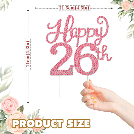 Happy 26th Birthday Decorations,26th Birthday Silver & Red Rhinestone Cake Topper - Cheers to 26 Years Old Bday Party Metal Sparkly Cake Centerpieces Sign.
