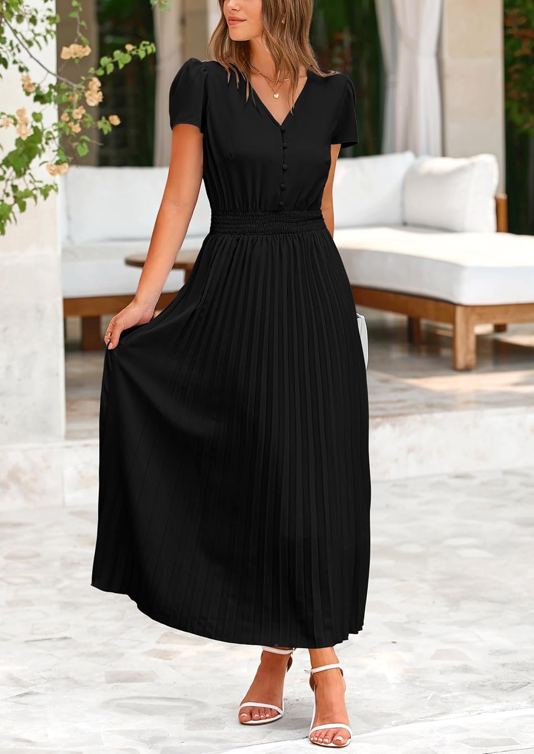 PRETTYGARDEN Women's Maxi Dresses 2025 Summer Trendy Cap Short Sleeve Button V Neck Casual Flowy Pleated Long Dress