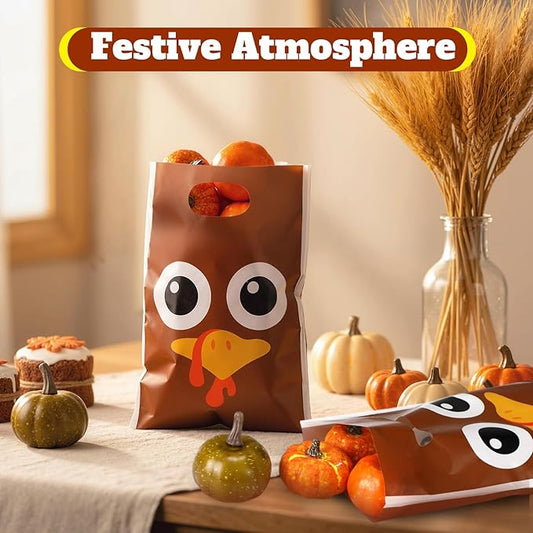 Supervitae 100 Pcs Thanksgiving Turkey Plastic Gift Bags Bulk Fall Party Favor Bags with Handles for Fall Autumn Birthdays Weddings Snacks Goodie Candy Treat Party Favors Supplies