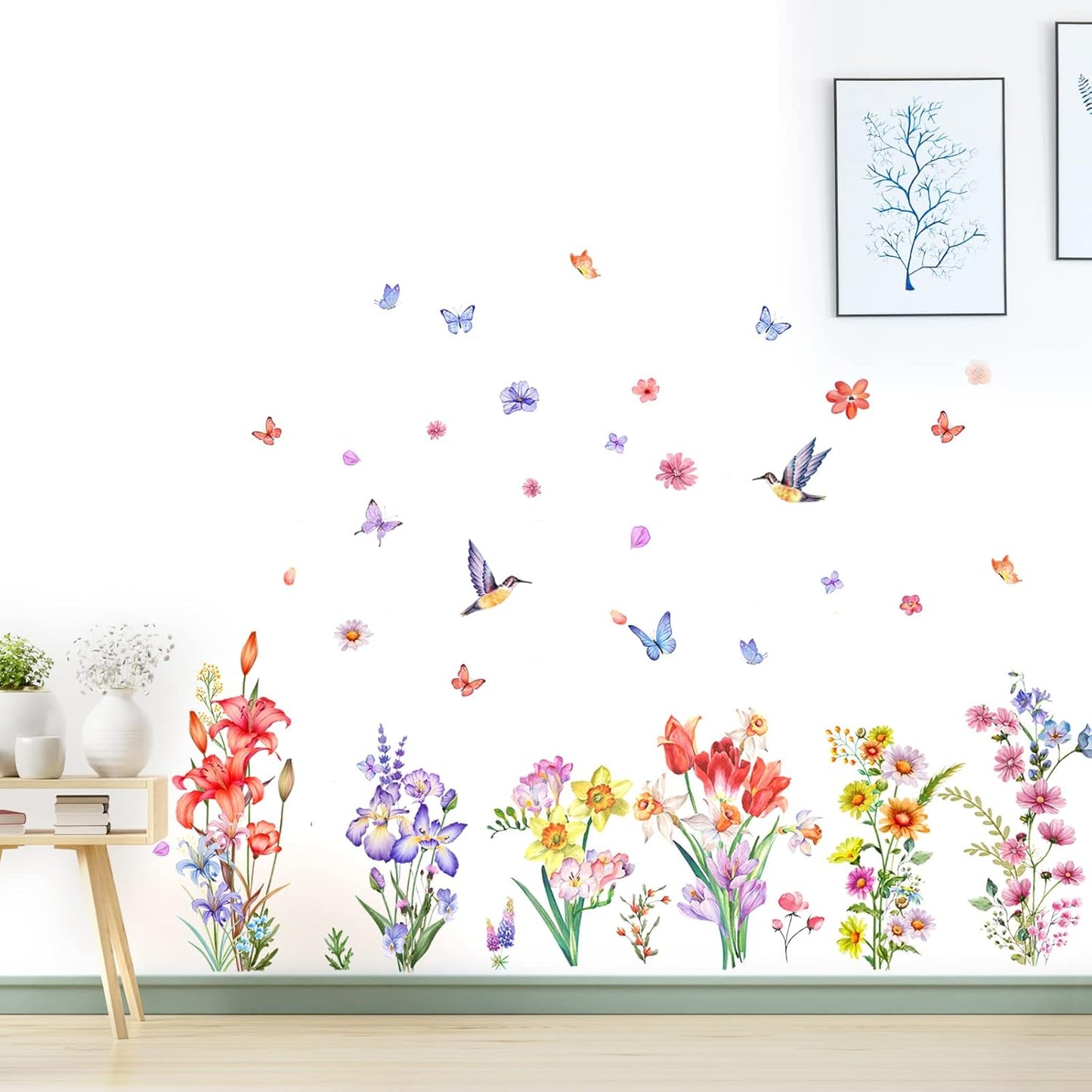 Watercolor Flower Wall Decals Stickers Birds Butterfly Floral Wall Stickers Removable Wildflower Wall Decor for Summer Girls Bedroom Living Room Nursery Decoration