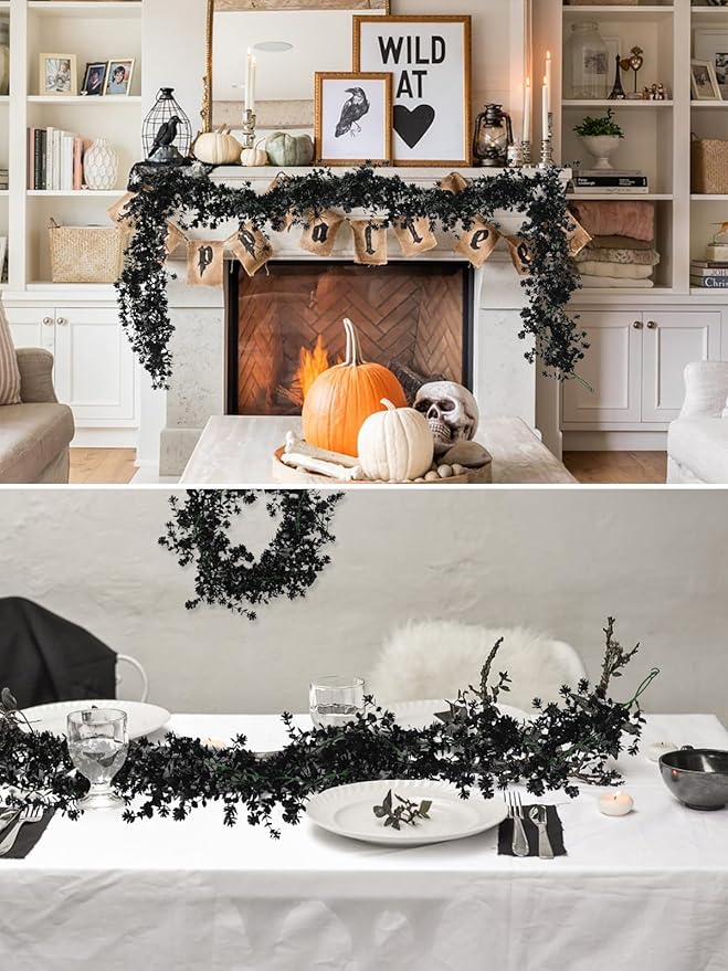 Black Artificial Flowers Black Eucalyptus Garlands Spring Garland Greenery Vines with Flowers Fake Floral Greenery for Halloween Party Decor Home Backdrop Wall Fall Decor