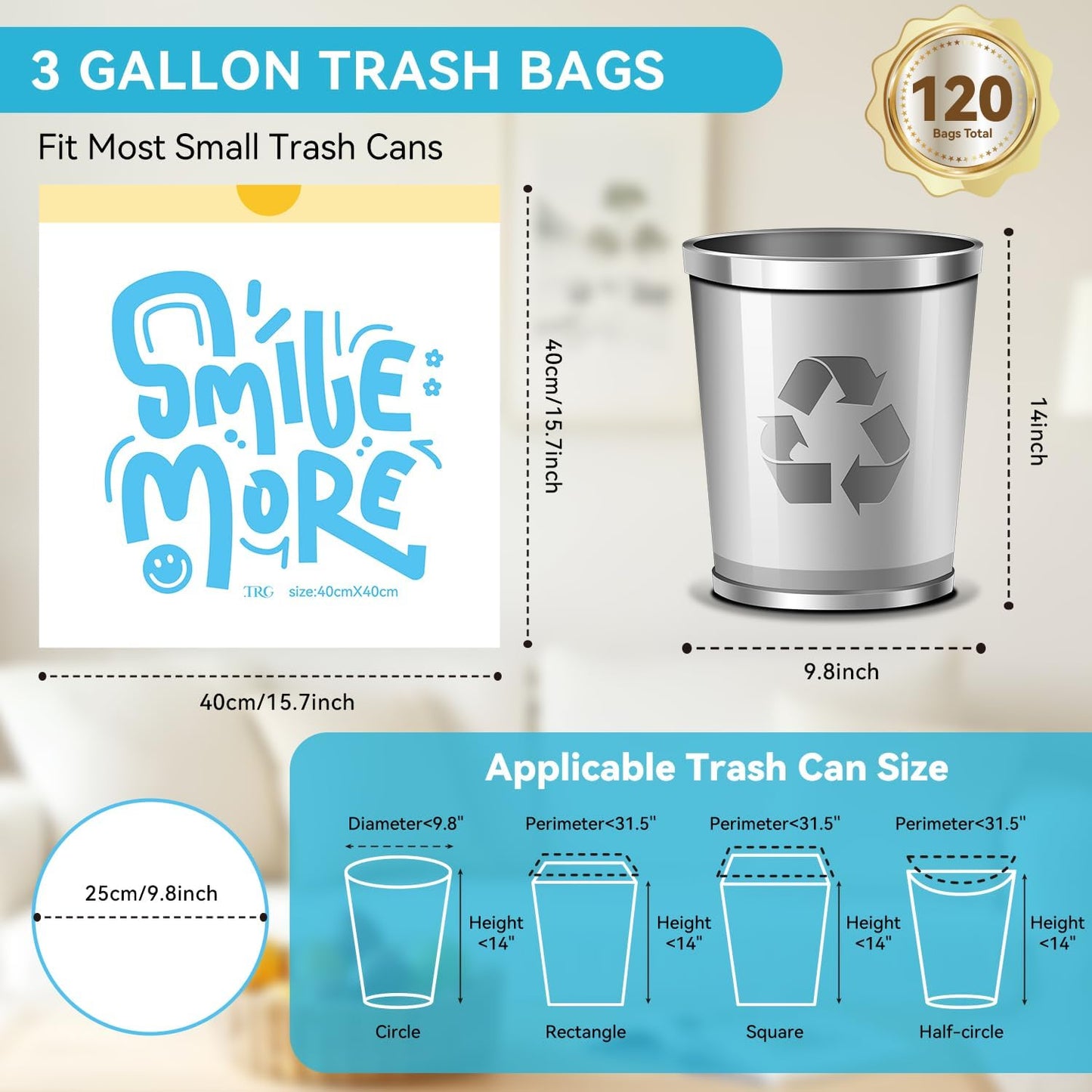 3 Gallon Trash Bags, 120 Count White Alphabet Printed Small Drawstring Garbage Bags Unscented for Toilet Home Office and Bedroom
