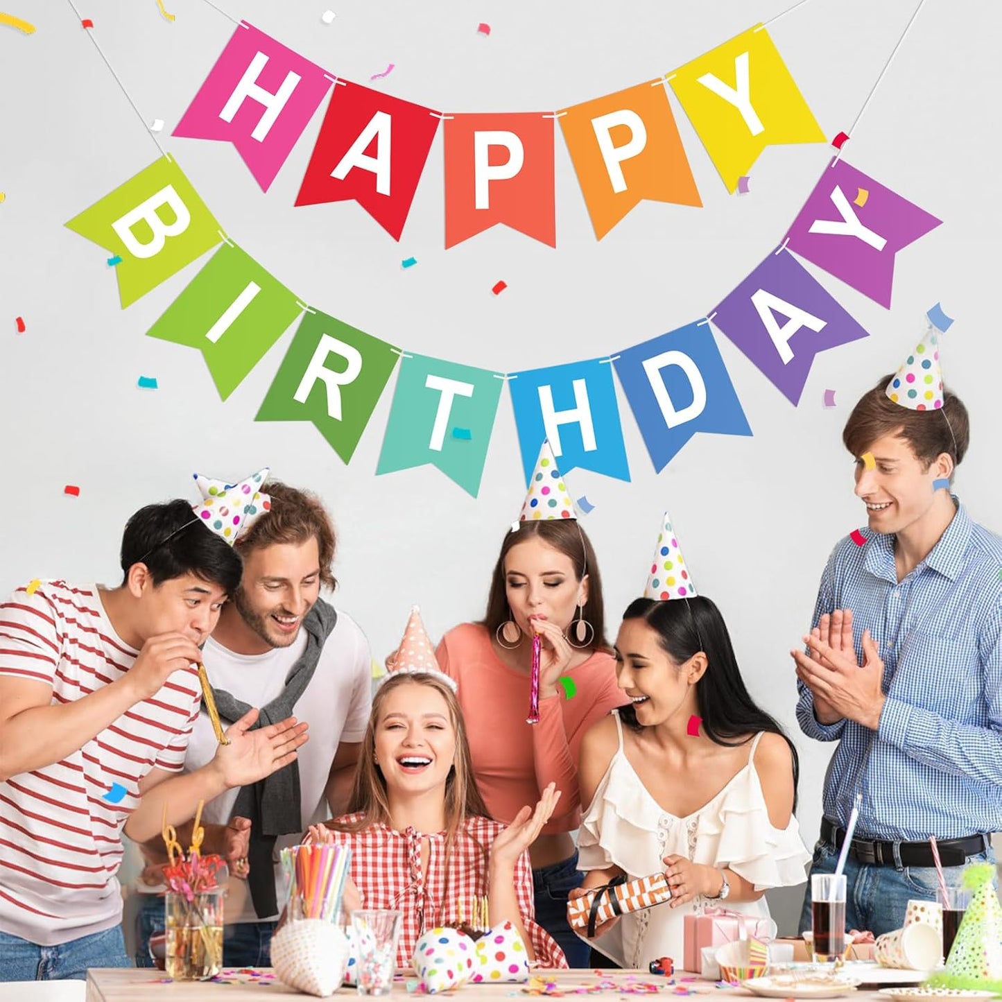 Happy Birthday Colorful Banner Rainbow Birthday Party Banner NO DIY Happy Birthday Sign Pre-Strung Birthday Hanging Decoration for Women Girl Men Boy Party Supplies (Multicolor)