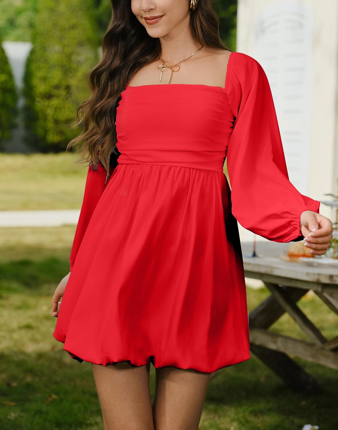 HYPERFIRE Women's Square Neck Pleated Long Sleeve Mini Dress Smocked A Lind Bubble Wedding Dresses