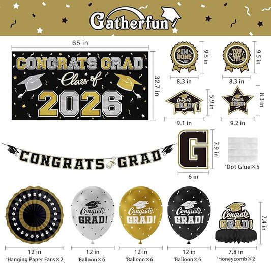 Black and Gold Themed 2026 Graduation Decorations Set - Congrats Grad Banner, Class of 2026 Backdrop, Balloons & Streamers Kit - Graduation Party Supplies for High School & College Celebrations