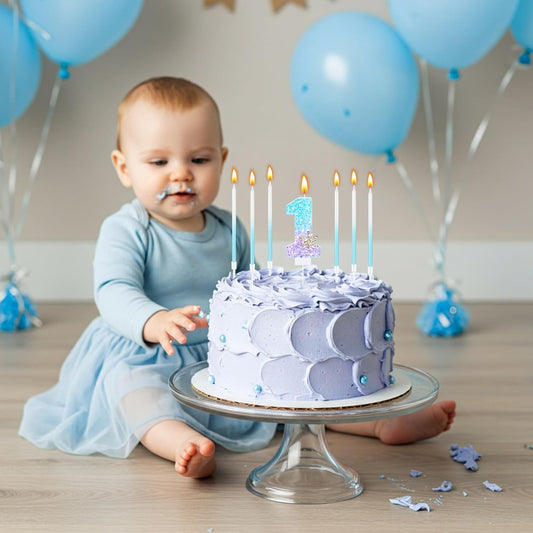 MTLEE Number 1 Birthday Candle Blue Snowflake with 6 Long Thin Cupcake Candles Blue Sparklers Glitter Number Happy Birthday Cake Topper Decorations for Winter Party Supplies