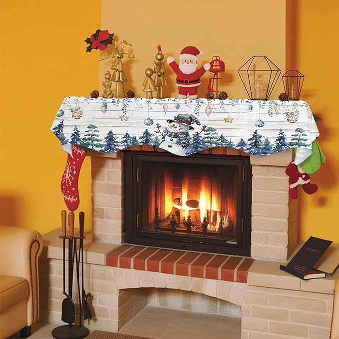 Blue Snowman Christmas Fireplace Mantel Scarf Table Runner, Xmas Snowflake Eucalyptus Leaves Wooden Winter Garland Mantel Top Tablerunners Dresser Scarves Cover for Windows Party Living Room 60''x17''