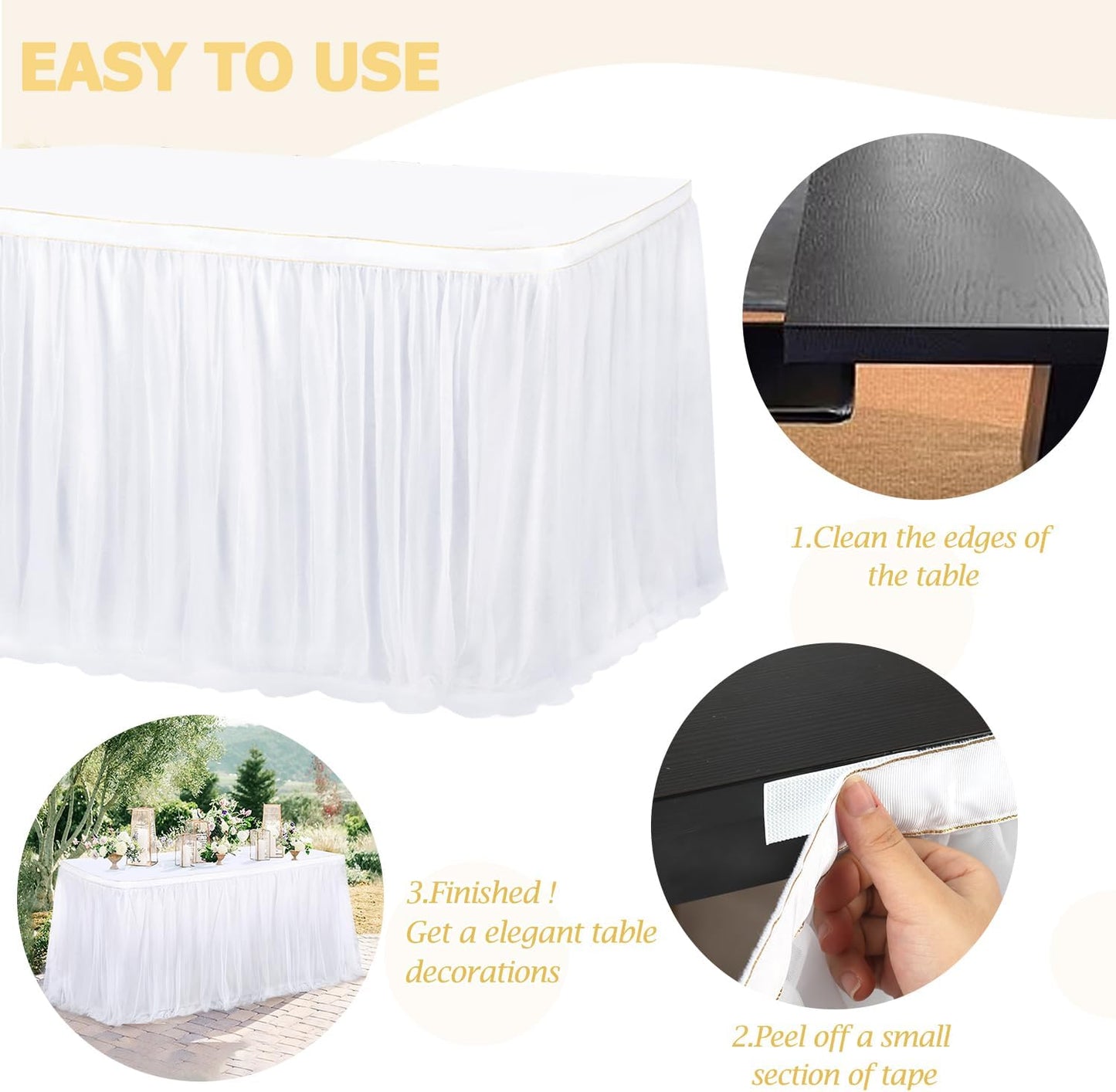 6Ft White Tulle Table Skirts for Rectangle Tables Covers Ruffle Tutu Cloth Tableskirt, 72X30.3'' Tulle Tablecloth For Wedding Round Table Bridal Baby Shower Birthday Banquet Party Decorations