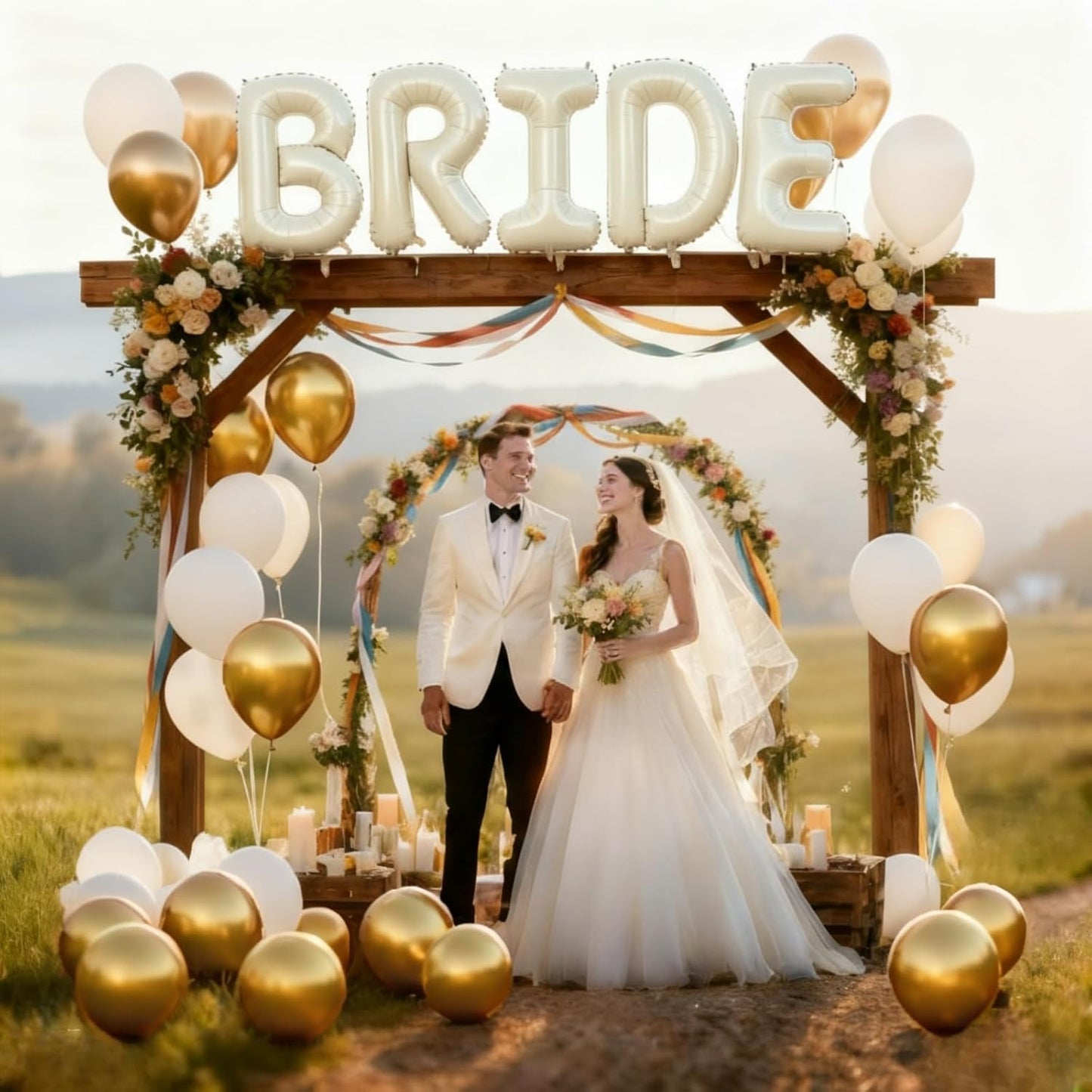40Inch BRIDE Balloons- Metallic Gold Pearl White Balloons with Large Cream White BRIDE Foil Banner Letter Sign for Wedding Bridal Shower Engagement Bachelorette Party Decorations