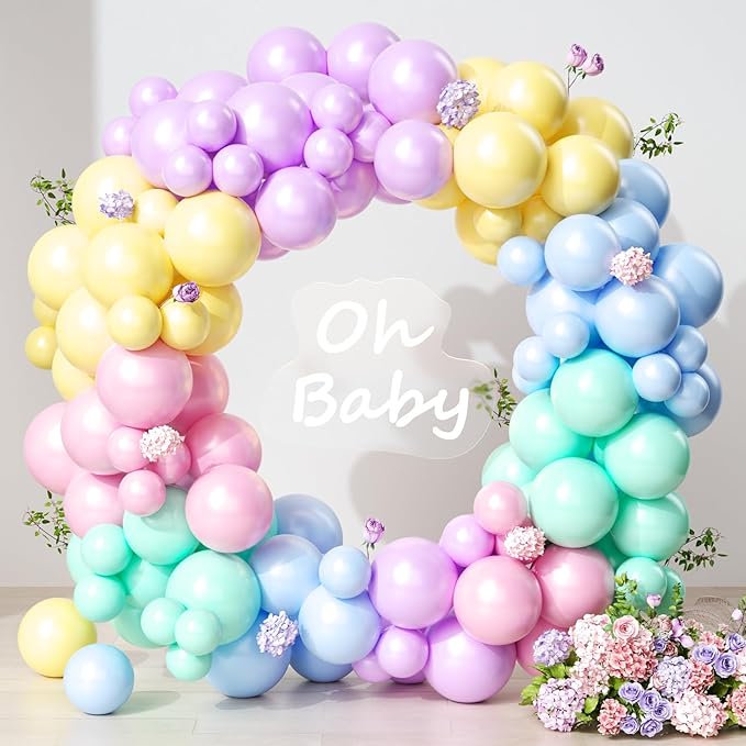 150pcs Pastel Rainbow Balloons Arch Kit, Different Sizes 18" 12" 10" 5" Pastel Latex Balloon for Girl's Baby Shower Mother's Day Unicorn Birthday Easter Gender Reveal Decorations