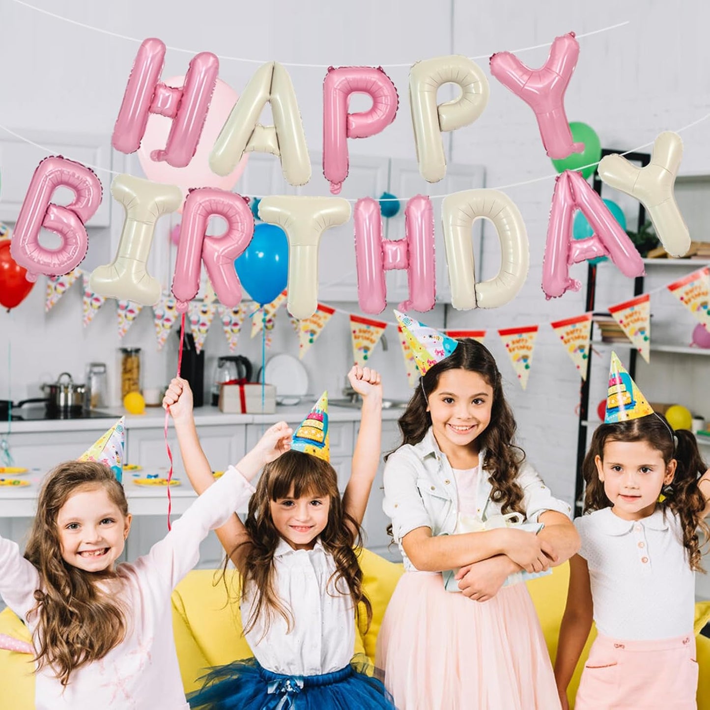 TONIFUL Happy Birthday Balloons with Ribbon Straw 16 Inch Mylar Letters Balloons Sign Banner Bunting Reusable for Girls Boys Kids & Adults Party Decorations Supplies(Cream White Pink)