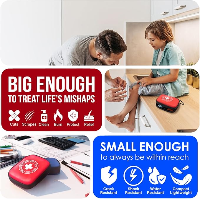 Mini-Aid First Aid Kit | Compact & Lightweight Case with Carabiners for Travel | Family & Kid Friendly 180 Pcs Wound Care Supplies for School, Work, Outdoor, Home & Office | Pack of 3