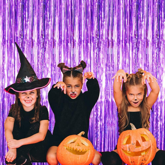 GOER 3.2 ft x 8.2 ft Metallic Tinsel Foil Fringe Curtains Party Photo Backdrop Party Streamers for Halloween Birthday,Graduation,New Year Eve Decorations Wedding Decor (4 Packs,Purple)