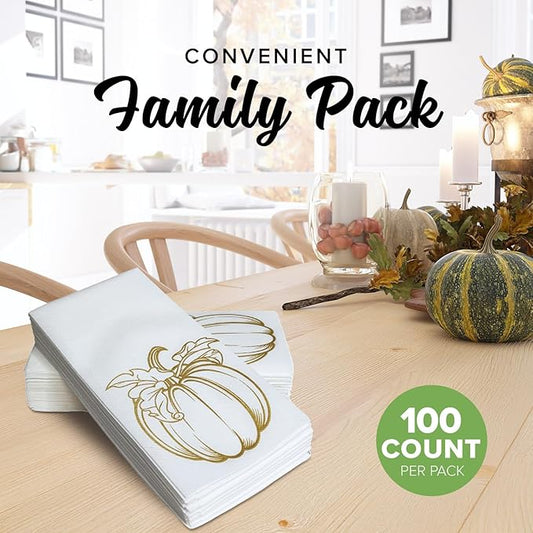 SimuLinen Gold Pumpkin Linen Feel Disposable Bathroom Hand Towels - Thanksgiving Soft, Absorbent, Single-Use 12"x17" Paper Towels, 100ct (Made in USA)