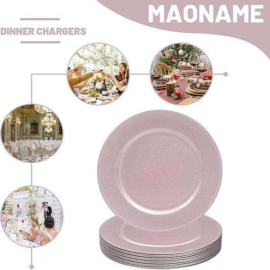 MAONAME 13" Pink Charger Plates, Plastic Charger Plates with Beaded, Round Chargers for Dinner Plates, Plate Chargers for Wedding, Table Decor, Set of 12