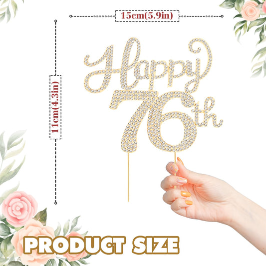 Happy 76th Birthday Decorations,76th Birthday Gold Rhinestone Cake Topper - Cheers to 76 Years Old Bday Party Metal Sparkly Cake Centerpieces Sign.