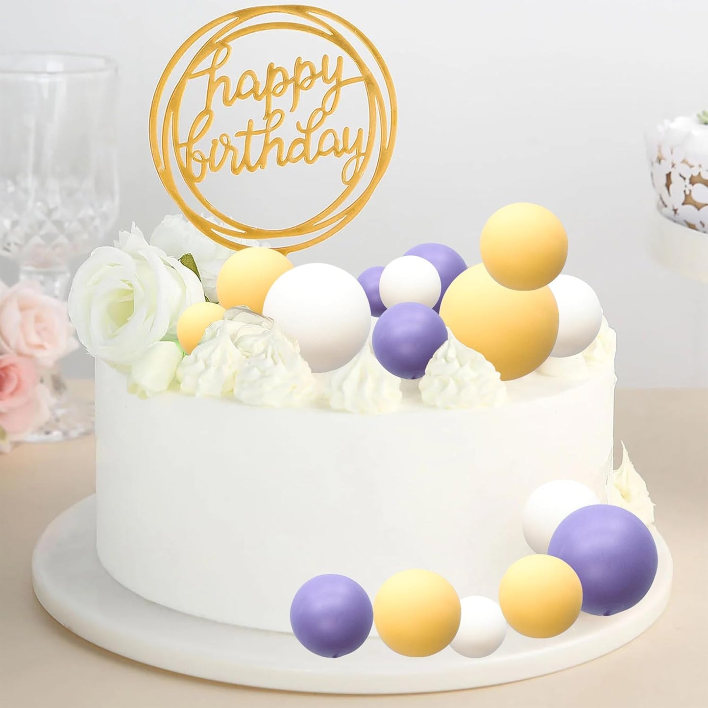 Ephlyn 30Pcs Ball Cake Topper Ball Cake Picks Colorful Pearl Ball Shaped Cupcake Insert Cake Topper for Bear Theme Birthday Party Favors Wedding Decoration White Yellow Purple