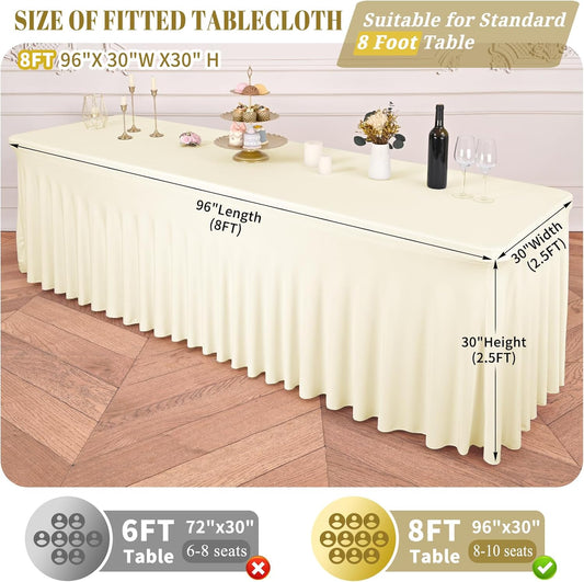 2 Packs Ivory Stretch Table Skirts for 8 Foot Rectangle Table, Washable Spandex Stretch Tablecloths with Skirt, Wrinkle Resistant Fitted Tablecover for Wedding Party Banquet