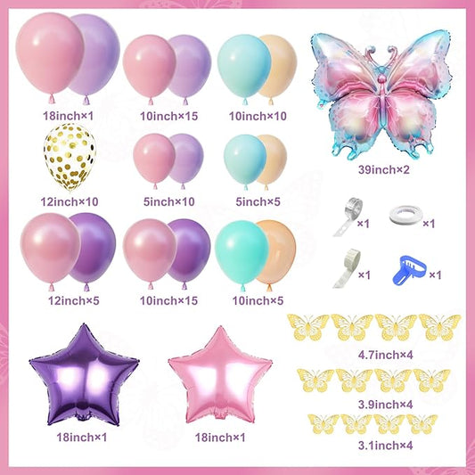 163Pcs Butterfly Pink and Purple Balloons Garland Arch Kit, Birthday Baby Shower Decorations Pink Purple Blue Confetti Star Balloons for Girls Women Mother Day Butterfly Party Baby Shower Supplies