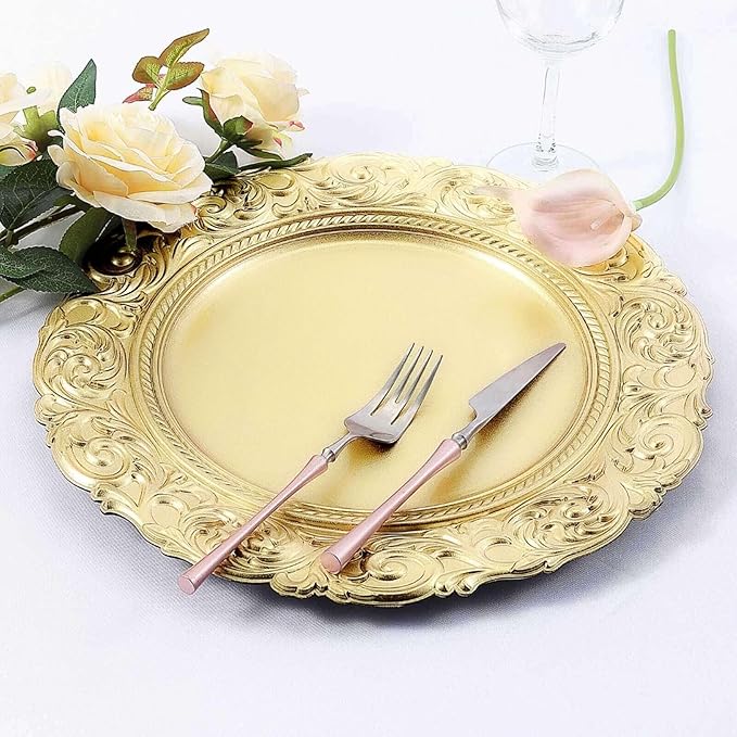 Efavormart Set of 6 GOLD 14" Round Plastic Charger Plates With Engraved Baroque Design Rim For Wedding Party Events