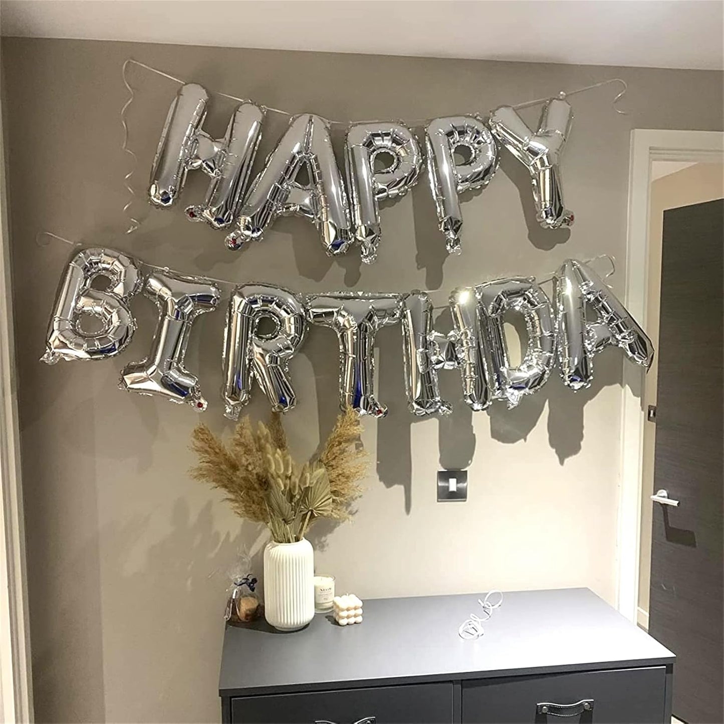 Silver Happy Birthday Banner - 16 Inch Mylar Foil Letters Balloons with Ribbon, Self Inflating Bunting Balloons Banner for Women Men Birthday Party Decorations