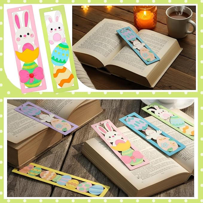 Yexiya 100 Pcs/50 Set Easter Wooden Bookmarks DIY Craft Kit, Bunny Egg Flower Bookmark Art Set for Book Lovers, Easter Birthday Party Holiday Gifts Art Project