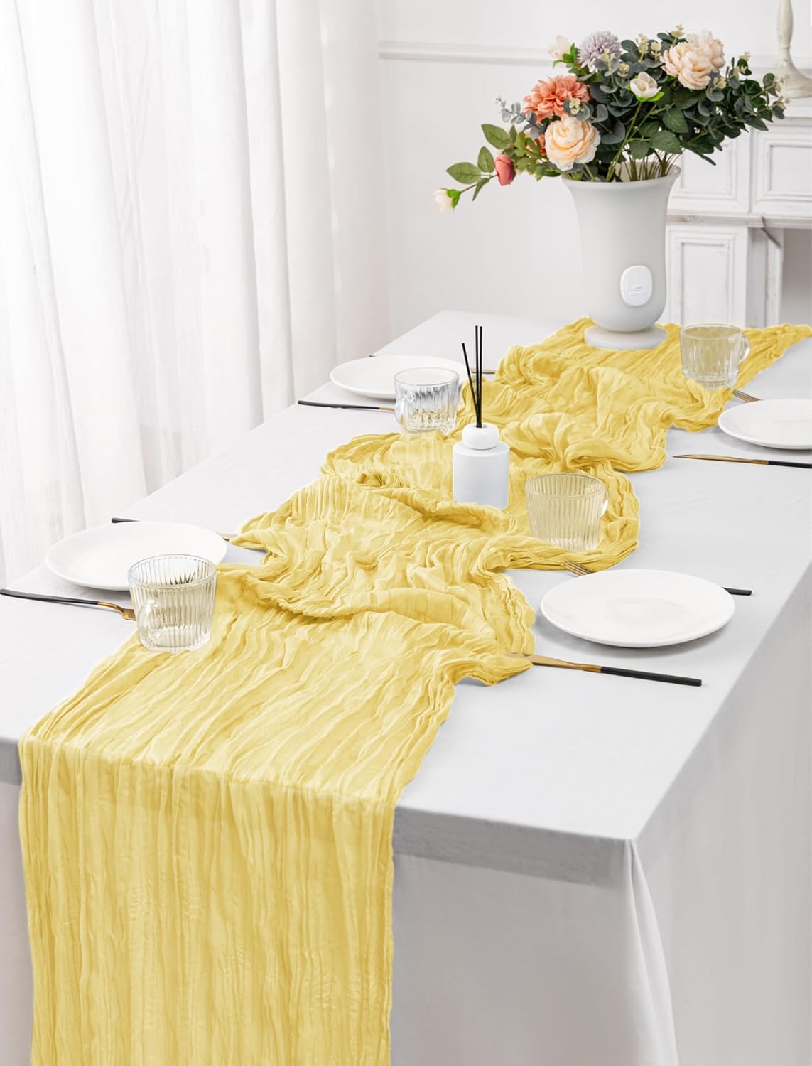 12 Pack Light Yellow Table Runner 10FT Cheesecloth Table Runner 21 x 120 inch Boho Gauze Cheese Cloth Table Runner Rustic Sheer Table Runner for Party Wedding Bridal Baby Shower Birthday Table Decor