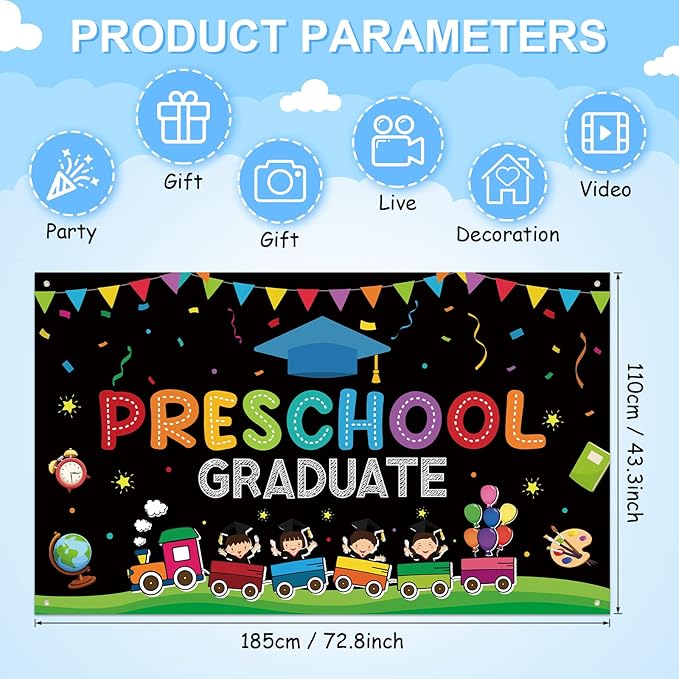 Large Preschool Graduation Party Banner Decorations 72x44 Inch, Kindergarten Graduate Banner Flag Photography Background for Kids Class of 2023 Ceremony Congratulations Grad School Prom Supplies