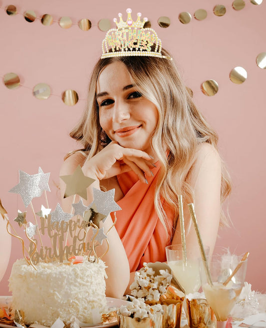 Wecoe Birthday Crown Multi-colored Princess Rhinestone Tiara with Combs Happy Birthday Party Favors Pink Decorations 16th 18th 21st 25th Gifts for Her