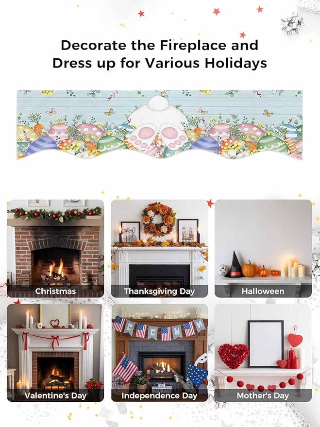 Easter Bunny Tail Fireplace Mantel Scarf Table Runner, Colorful Easter Eggs Teal Wooden Leaves Winter Garland Mantel Top Tablerunners Dresser Scarves Cover for Windows Party Living Room 90''x17''