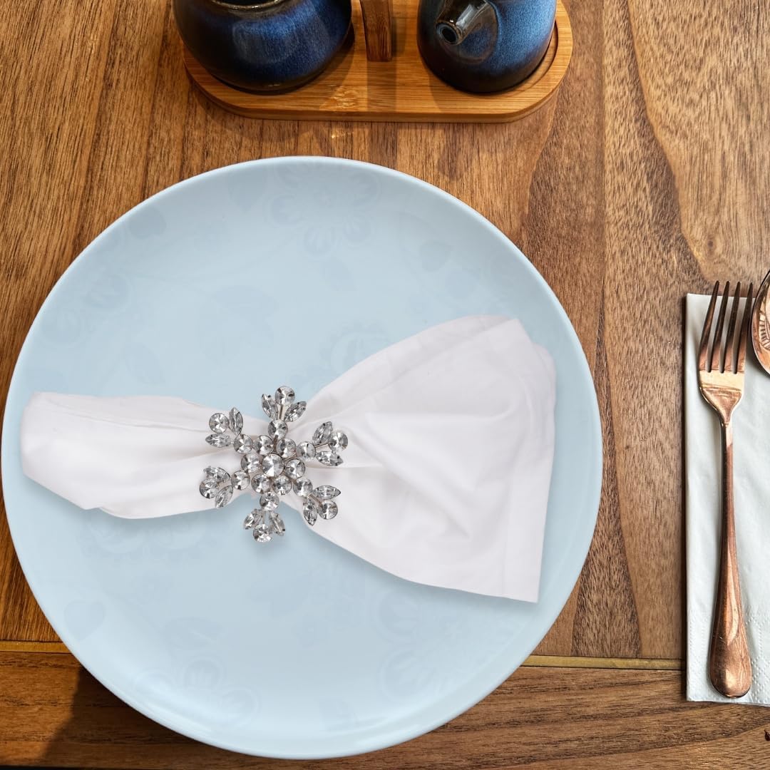 Lightnpro Snowflake Design Plastic Stone Beaded Napkin Rings Set of 6 - Beautiful Fancy Elegant Winter Table Decor for Christmas, Weddings, and Holiday Dinners - Silver