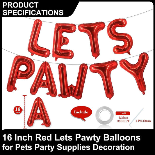 9 Pcs Lets Pawty Balloons Banner 16 Inch, Dog Cat Pet Birthday Letters Sign Lets Pawty Balloons Happy Birthday Banner for Pet Dog Cat Party Supplies Decorations (Red)