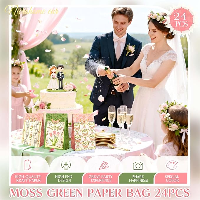 NICROHOME EUR Floral Gift Bags with Butterfly Stickers, 24 Pack Small Kraft Paper Bags Green Pink Tulip Design, Party Favors Bags Bulk for Girls Women Birthday Baby Shower Mother's Day Gift Packing