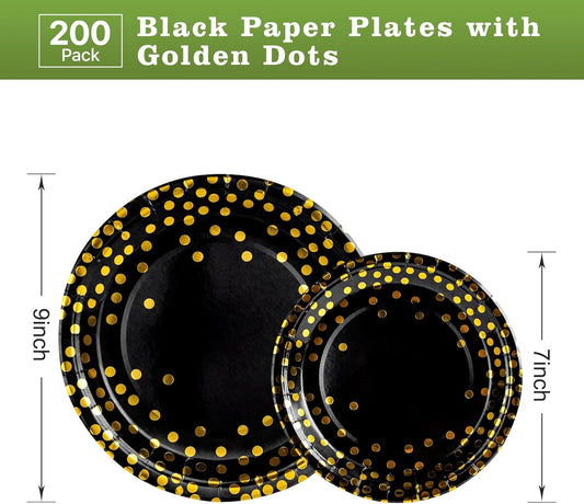 Lullaby 200PCS Black Paper Plates, Black and Gold Paper Plate, 100pcs Dinner Plates 9",100pcs Dessert Plates 7", Disposable Graduation Plates with Golden Dot for Birthday party, Halloween