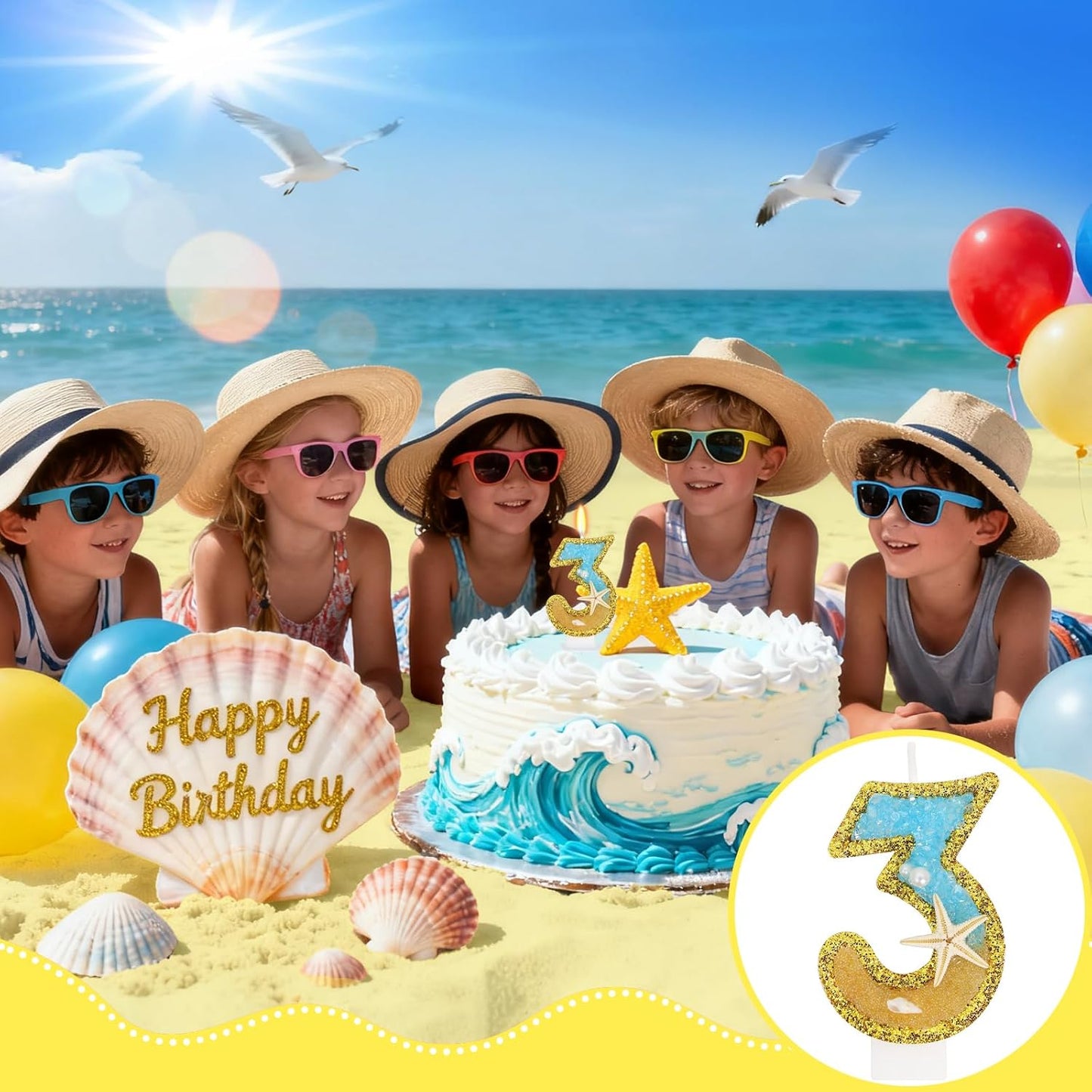Ocean Number 3 Candle, Glitter Gold Beach Starfish Cake Topper, Tropical Ocean Princess Birthday Decorations for Party Supplies Wedding Anniversaries