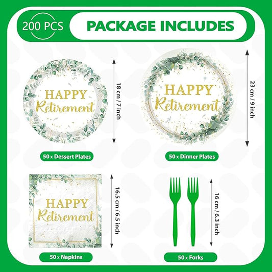 Grencian 200Pcs Sage Green Retirement Party Decorations Greenery Happy Retirement Plates and Napkins Gold Green Retire Tableware Set for Women Men Teachers Goodbye Going Away Party Supplies Serves 50
