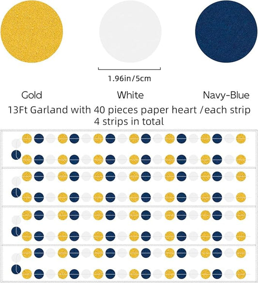 Navy-Blue White Gold Birthday-Party-Decorations - 52Ft Paper Garland Circle Dots Streamer Graduation Banner Christmas Decoration Baby Shower Bridal Engagement Bachelorette Hanging Decor HongTongTong